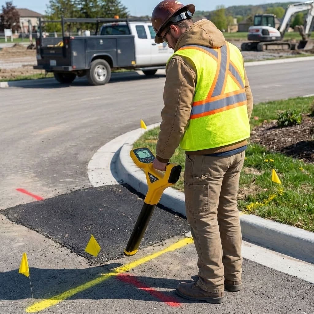 Locator marking underground utilities on a job site with electromagnetic locating equipment